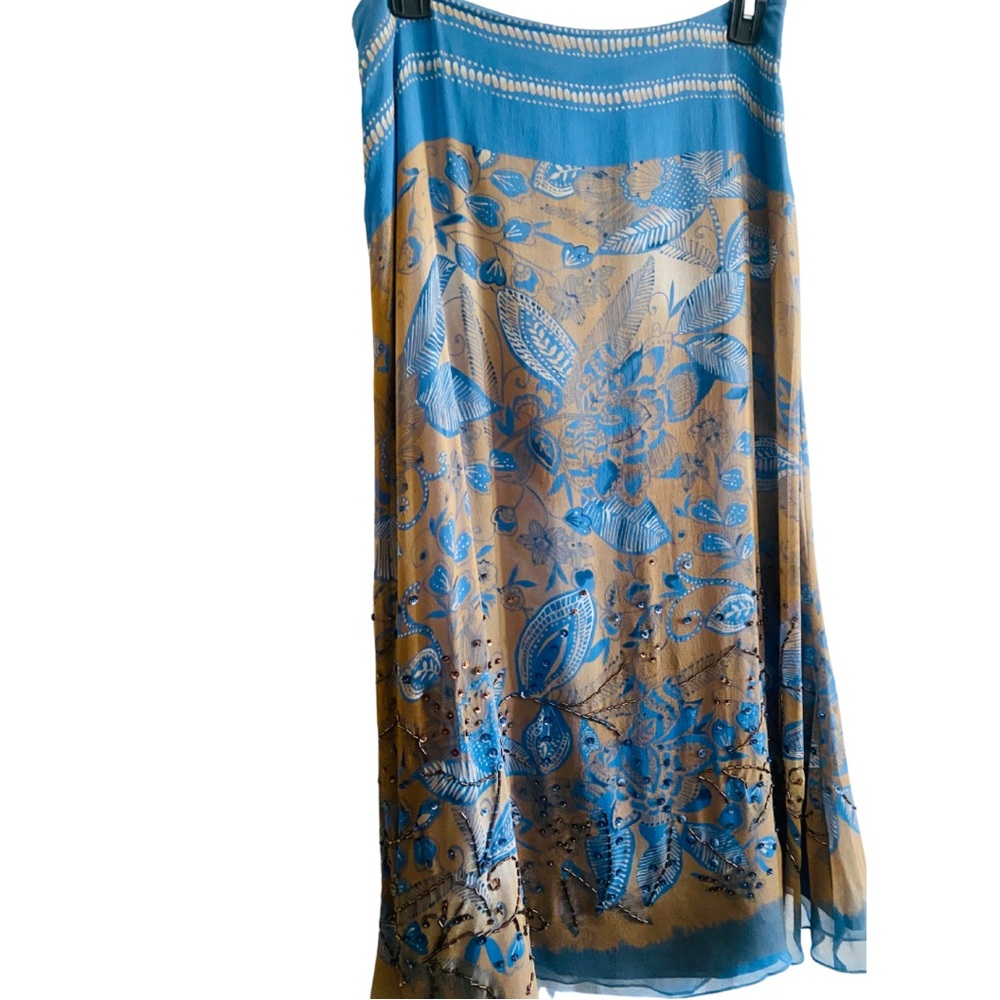 Lillie Rubin 100% Silk Skirt with Delicate, Subtle Beadwork in Blue & Tan Size 2